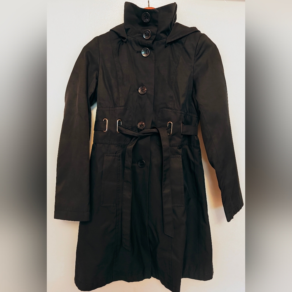 Via Spiga Lined Trench Coat with Detachable Hood and Belt Size XS Navy Cotton